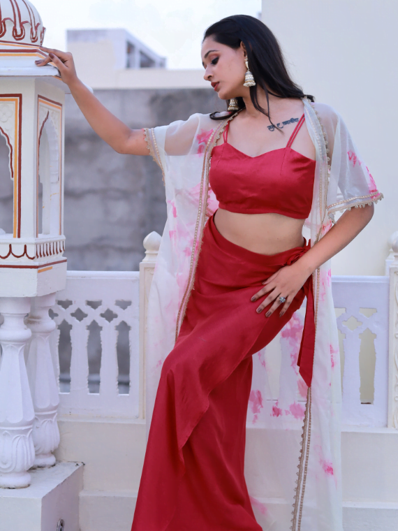 Crimson Red Wrap Skirt With Shrug