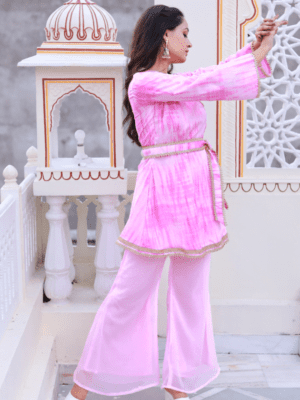 Roseberry Pink Shibori Kimono Co-Ord Set Crafted with care from georgette and silk muslin fabrics, this set showcases a mesmerizing pink color that radiates elegance and charm.