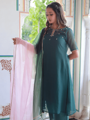 Midnight Bloom Georgette Kurta Palazzo Set is beautiful yet elegant ethnic outfit has a lovely hand work and beautiful double shade dupatta.