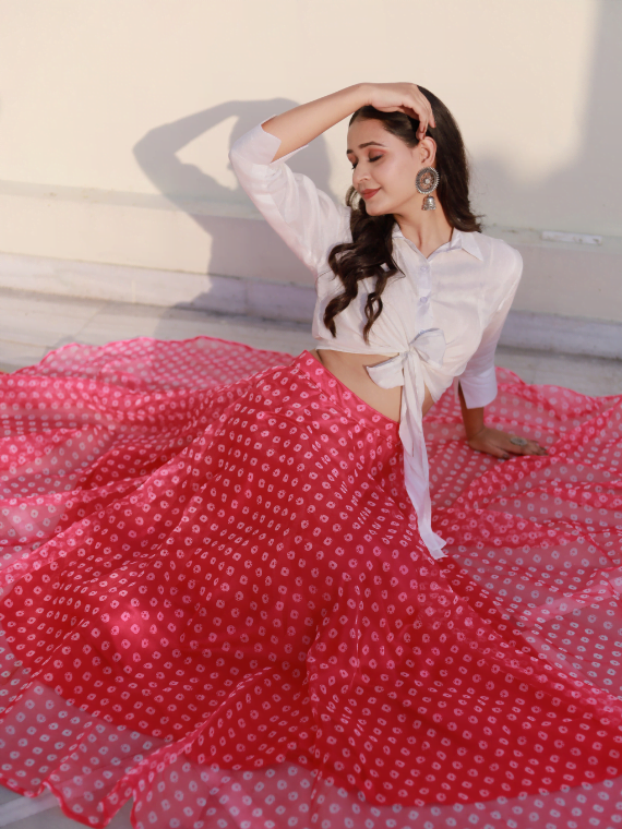 Fuchsia Pink Skirt With White Tie-up Shirt