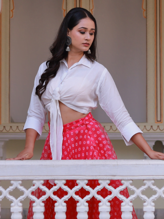 Fuchsia Pink Skirt With White Tie-up Shirt