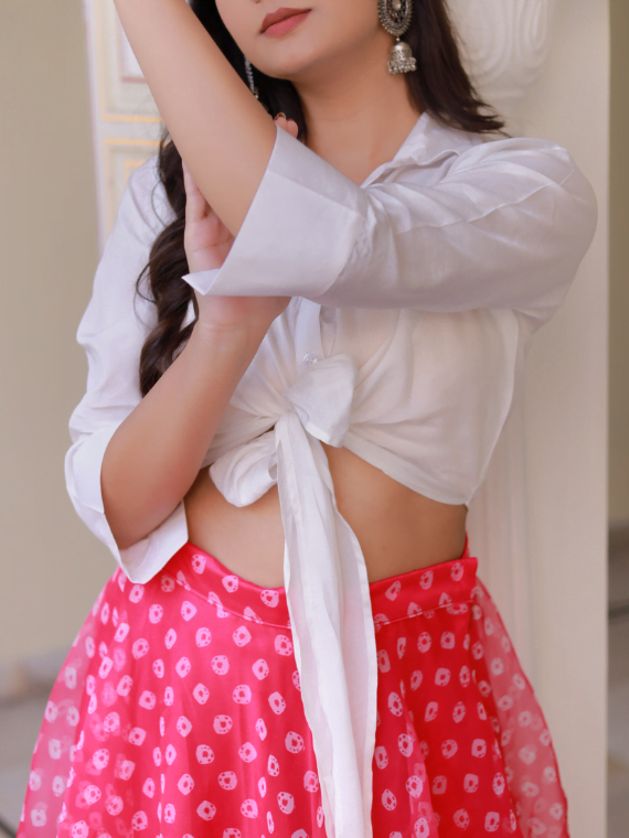 Fuchsia Pink Skirt With White Tie-up Shirt