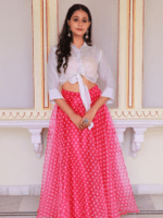 Fuchsia Pink Skirt With White Tie-up Shirt