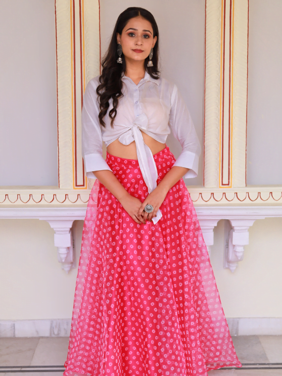 Fuchsia Pink Skirt With White Tie-up Shirt
