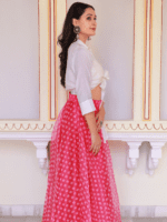 Fuchsia Pink Skirt With White Tie-up Shirt
