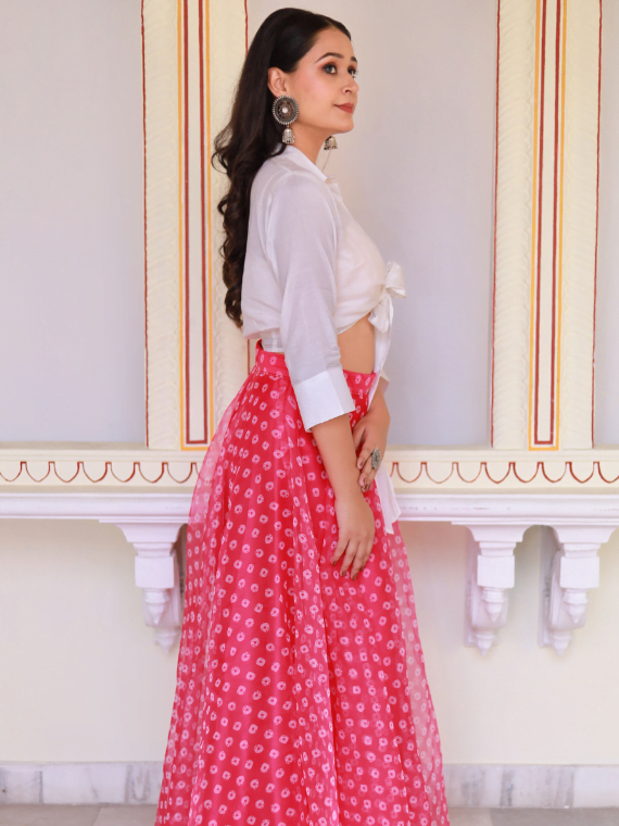 Fuchsia Pink Skirt With White Tie-up Shirt