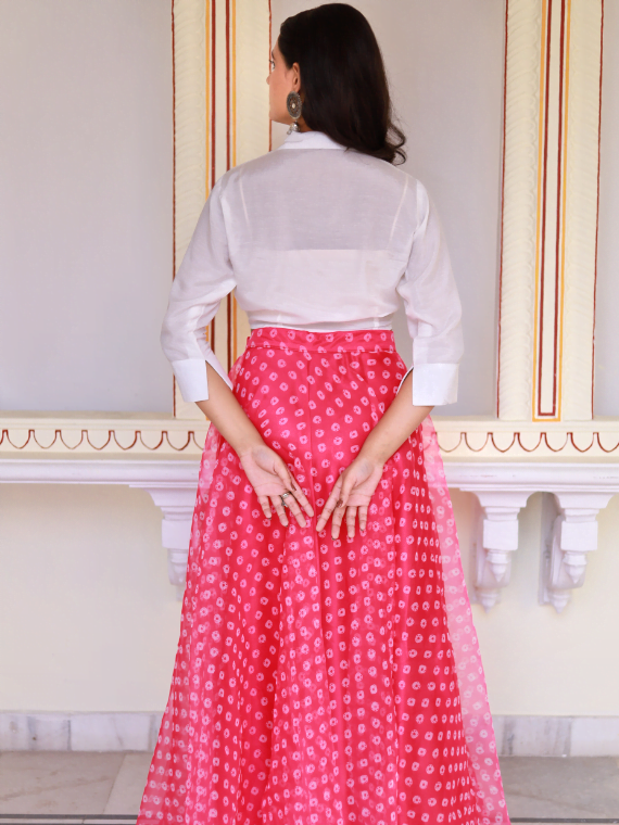 Fuchsia Pink Skirt With White Tie-up Shirt