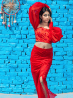 Fiery Red Corset Top With Pencil Skirt