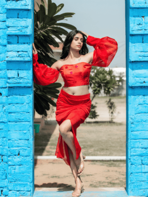 Fiery Red Corset Top With Pencil Skirt