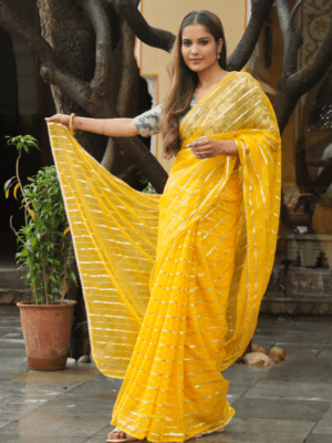 Bumblebee organza saree with silk brocade blouse