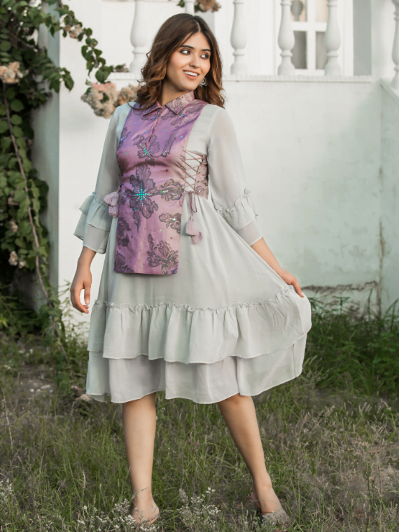 Smoke Grey Tired Free Style Dress With Hand Painted Lilac Corset Top