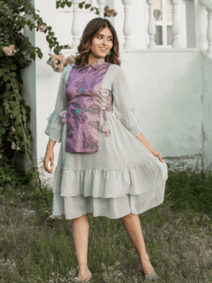 Smoke Grey Tired Free Style Dress With Hand Painted Lilac Corset Top